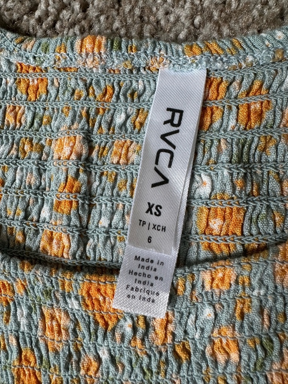 RVCA Floral Mini Dress XS Green Orange Smocked Bodice - Picture 9 of 11